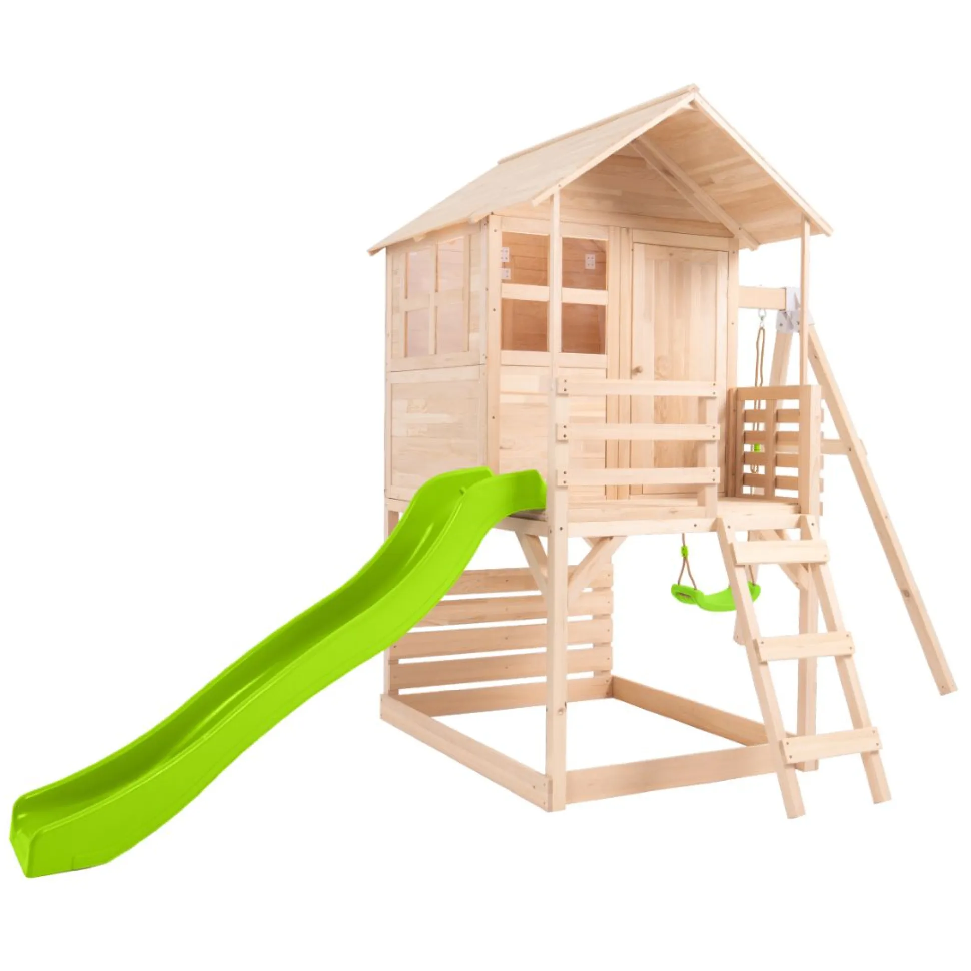 Buttercup Cottage Wooden Playhouse with Verandah, 6ft Wavy Slide, Swing Arm and Deck - FSC® certified