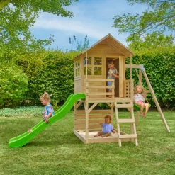 Buttercup Cottage Wooden Playhouse with Verandah, 6ft Wavy Slide, Swing Arm and Deck - FSC® certified