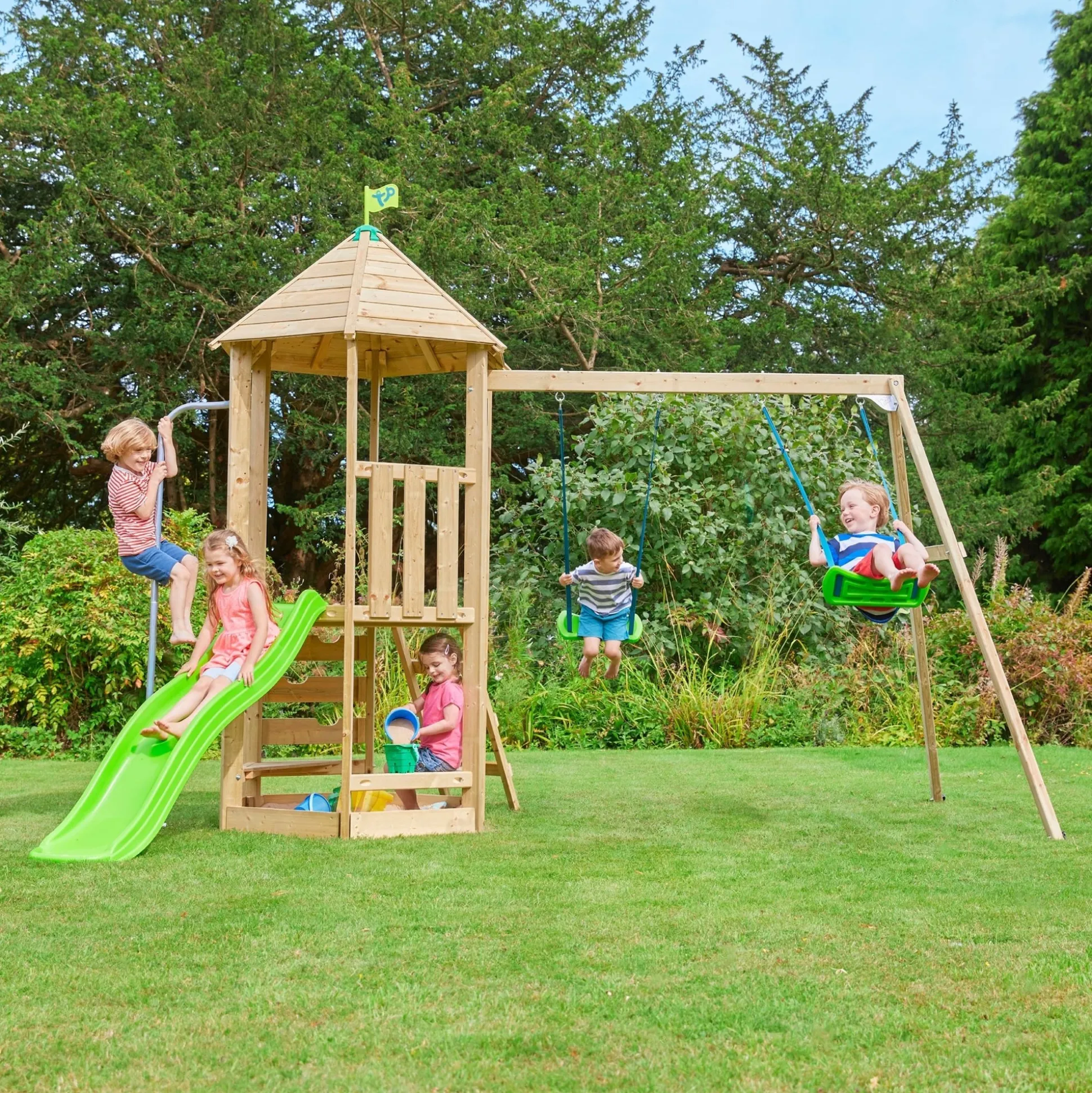 Castlewood climbing frame with Double Wooden Swing Arm & 1.8m Wavy Slide - FSC® certified