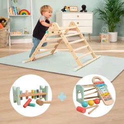 The Energetic Play Pack: TP Active-Tots Pikler Style Wooden Climbing Triangle with Owl & Fox Hammer Bench and Owl & Fox Xylophone