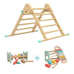 The Energetic Play Pack: TP Active-Tots Pikler Style Wooden Climbing Triangle with Owl & Fox Hammer Bench and Owl & Fox Xylophone