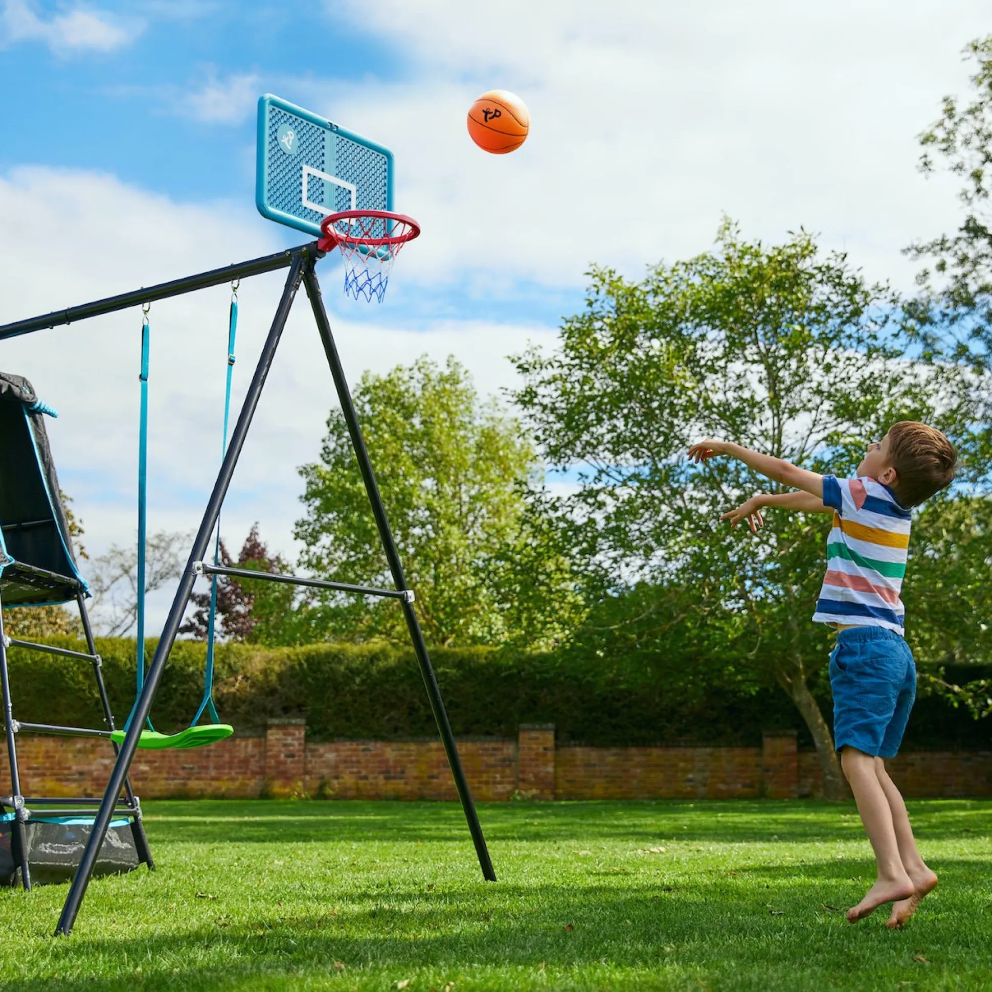 TP Explorer Metal Climbing Frame Black Edition, Ripple Slide, Swing Arm, Monkey Bridge & Basketball Hoop