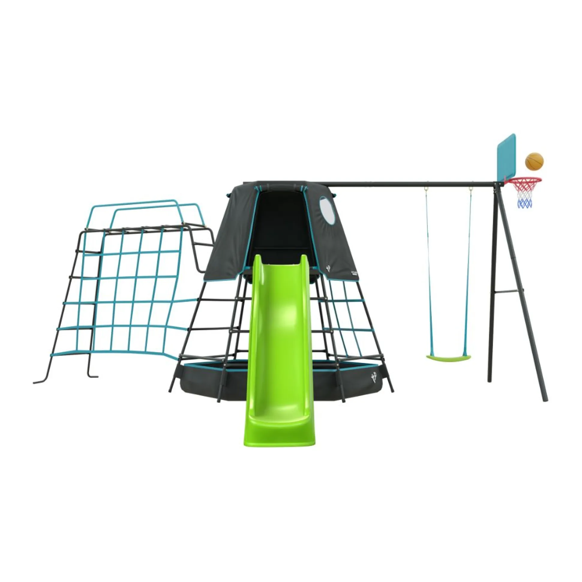 TP Explorer Metal Climbing Frame Black Edition, Ripple Slide, Swing Arm, Monkey Bridge & Basketball Hoop