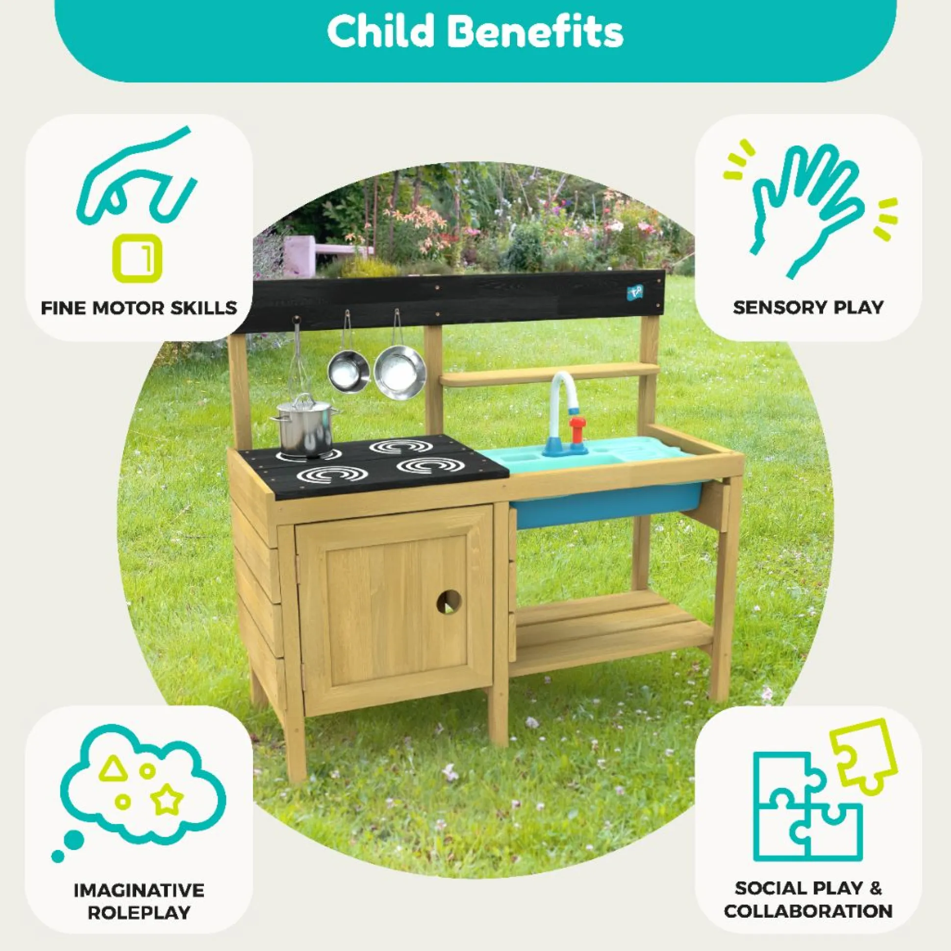 TP Junior Chef Wooden Mud Kitchen with Working Tap & Sink - FSC® certified