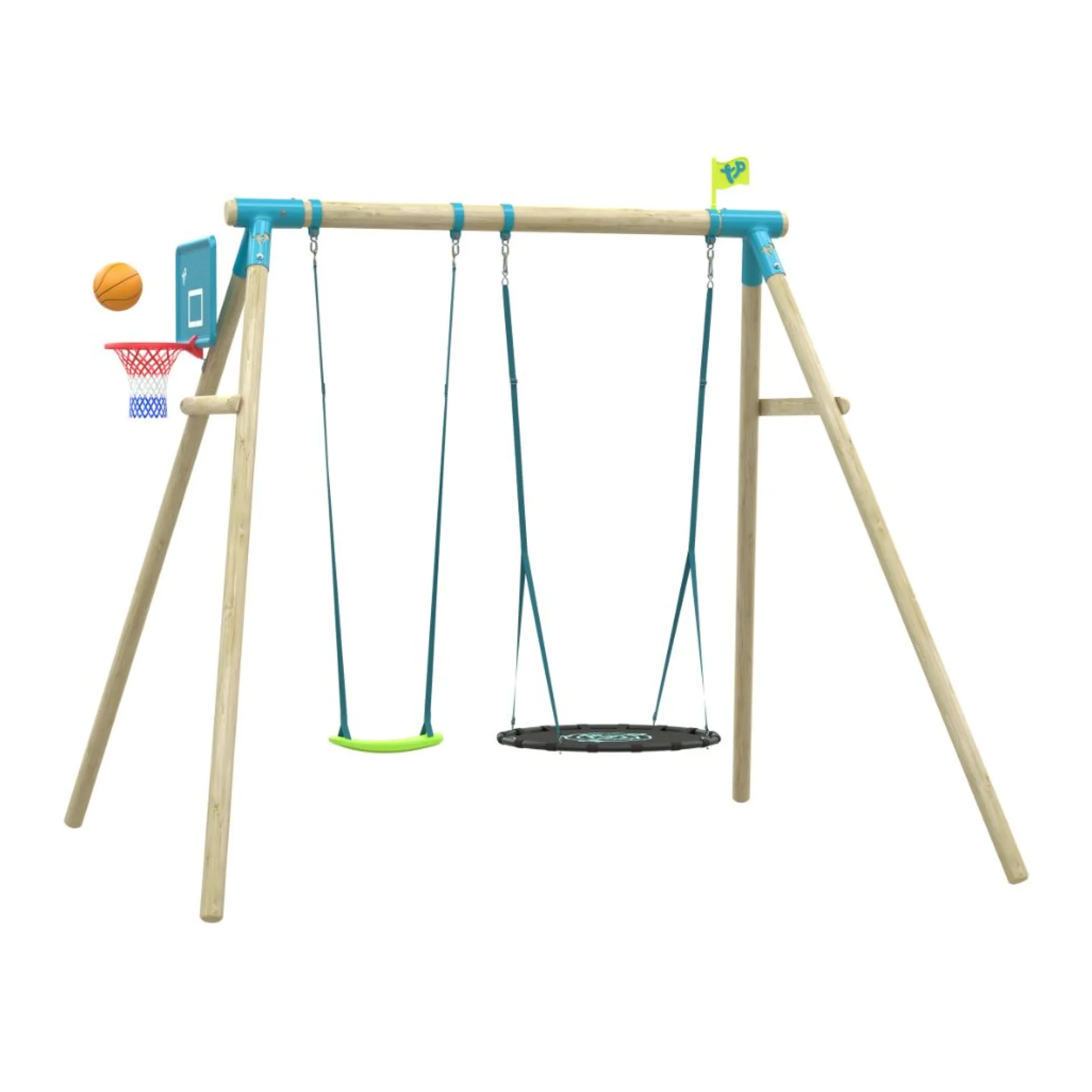 TP Knightswood Double Wooden Swing Set With Nest Swing & Basketball Hoop - PEFC Certified