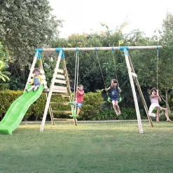 TP Knightswood Triple Wooden Swing & Slide Set With Glide Ride & Button Seat