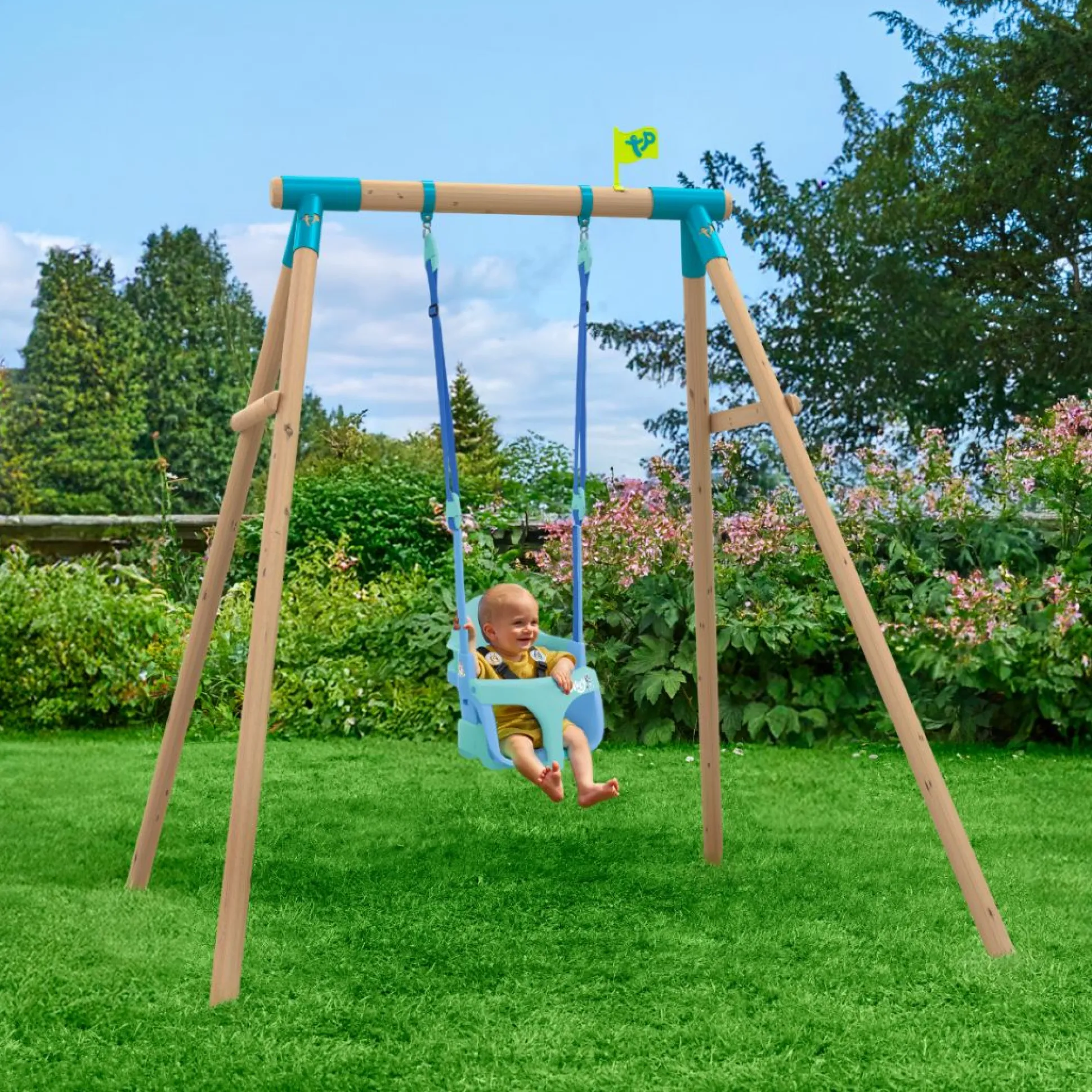TP Sherwood Single Wooden Swing Set with Bluey Quadpod - PEFC certified