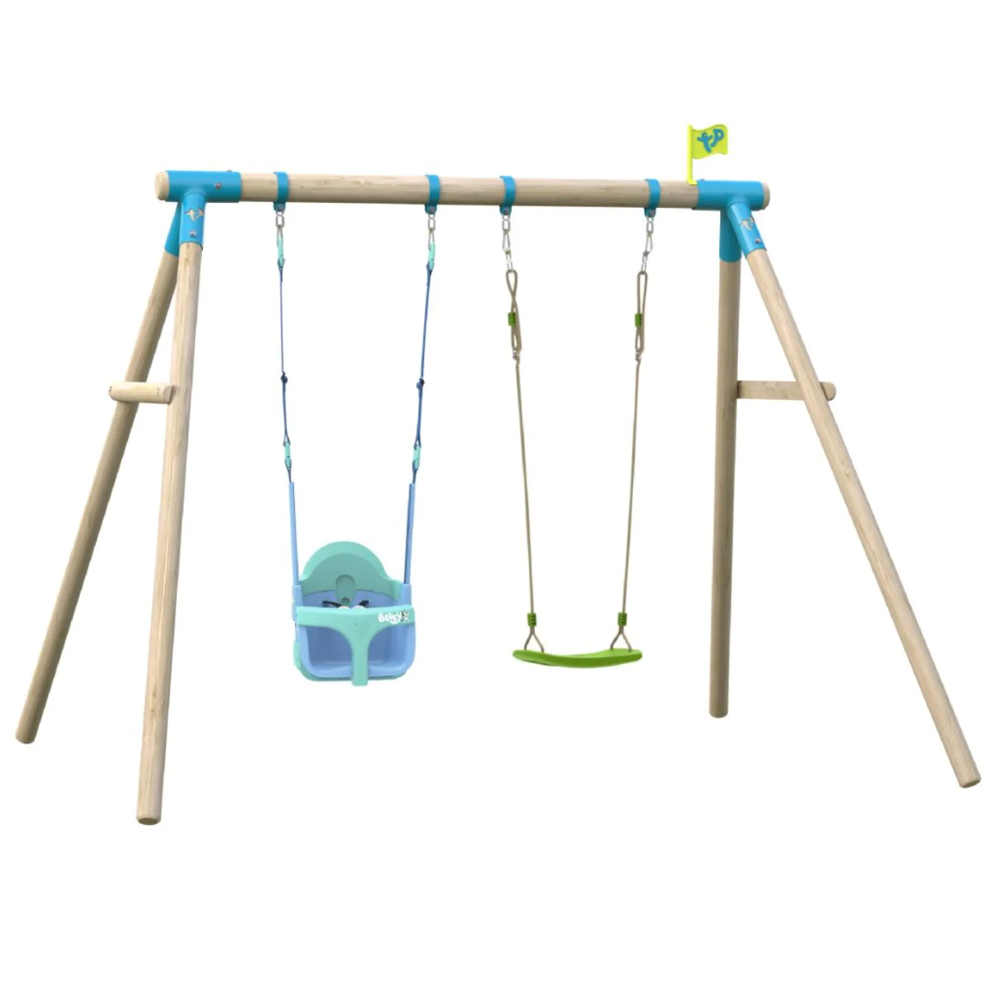 TP Sherwood Wooden Double Swing with Roped Rapide Seat & Bluey Quadpod Seat - PEFC certified