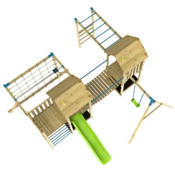 TP Skywood Wooden Climbing Frame with Extra Play Tower, Sky Deck, Skyline with Flying Fox, Monkey Bars, Single Swing Arm & Slide - FSC® certified