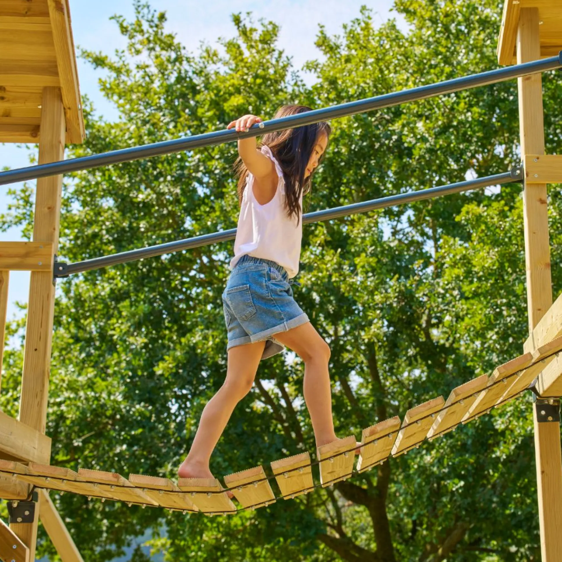 TP Skywood Wooden Climbing Frame with Extra Play Tower, Sky Deck, Skyline with Flying Fox, Monkey Bars, Single Swing Arm & Slide - FSC® certified
