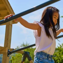 TP Skywood Wooden Climbing Frame with Extra Play Tower, Sky Deck, Skyline with Flying Fox, Monkey Bars, Double Swing Arm & Slide - FSC® certified