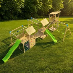 TP Skywood Wooden Climbing Frame with Three Towers, Sky Deck, Flying Fox, Monkey Bars, Double Swing Arm & Two Slides - FSC® certified