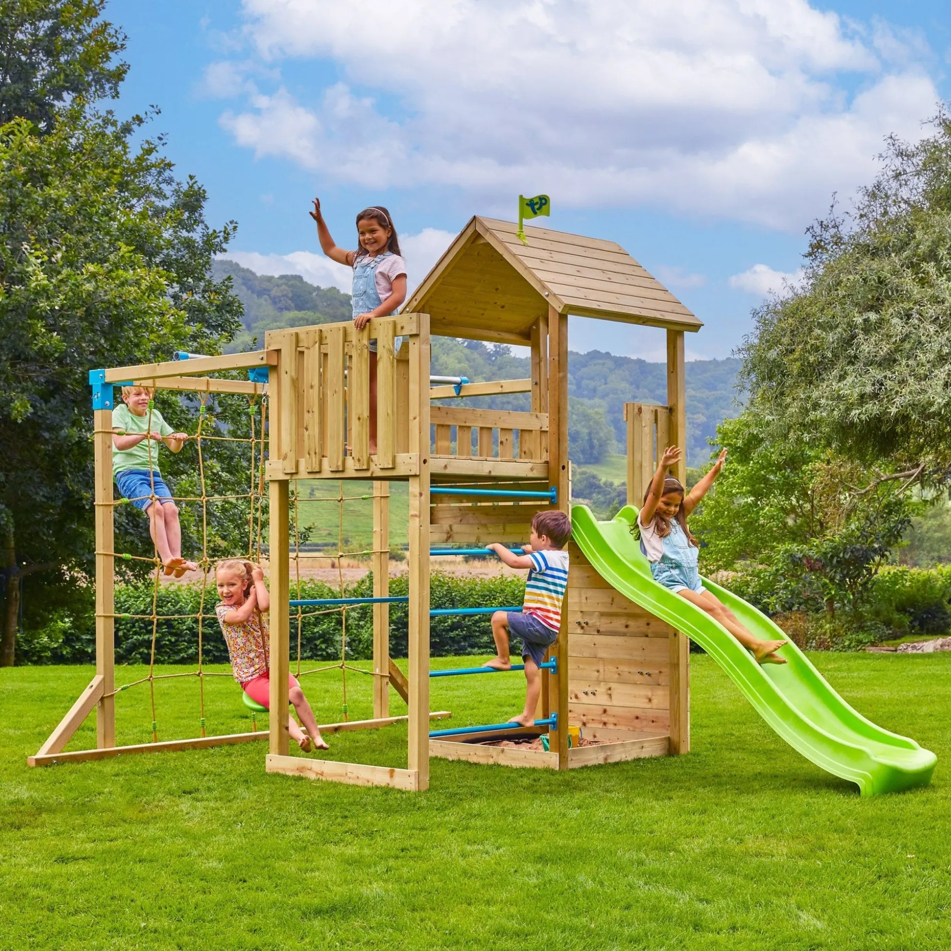 TP Skywood Wooden Tower Climbing Frame with Ripple Slide, Sky Deck, Skyline & Flying Fox Add On - FSC® certified