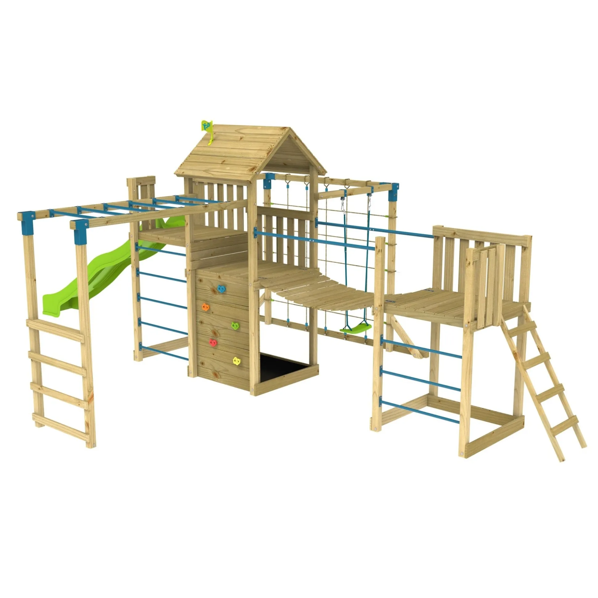 TP Skywood Wooden Tower Climbing Frame with Super Wavy Slide, Sky Deck, Monkey Bars, Skyline with Swing Seat & extra play tower - FSC® certified