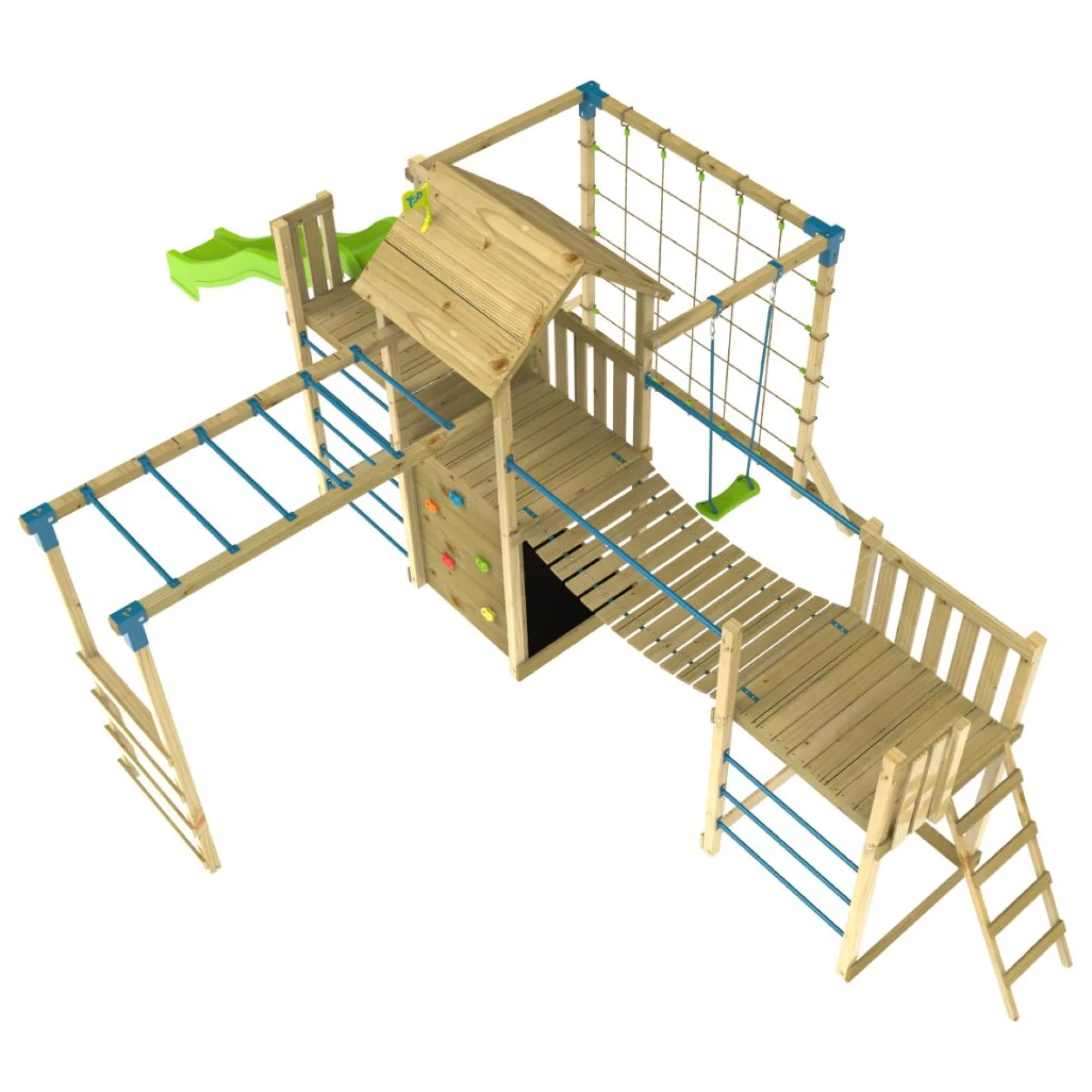 TP Skywood Wooden Tower Climbing Frame with Super Wavy Slide, Sky Deck, Monkey Bars, Skyline with Swing Seat & extra play tower - FSC® certified