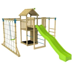 TP Skywood Wooden Tower Climbing Frame with Super Wavy Slide, Sky Deck, Monkey Bars & Skyline with Rapide Swing Seat - FSC® certified