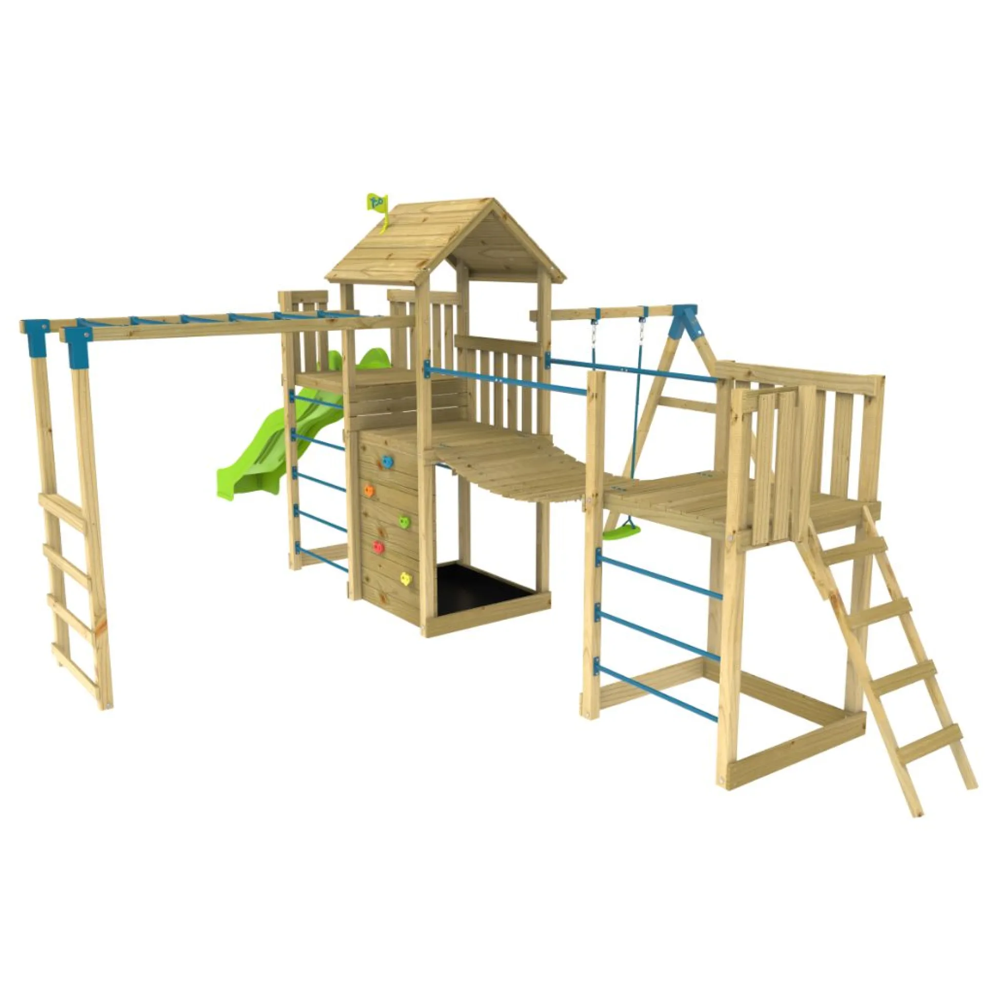 TP Skywood Wooden Tower Climbing Frame with Super Wavy Slide, Sky Deck, Monkey Bars, Single Swing Arm & extra play tower - FSC® certified