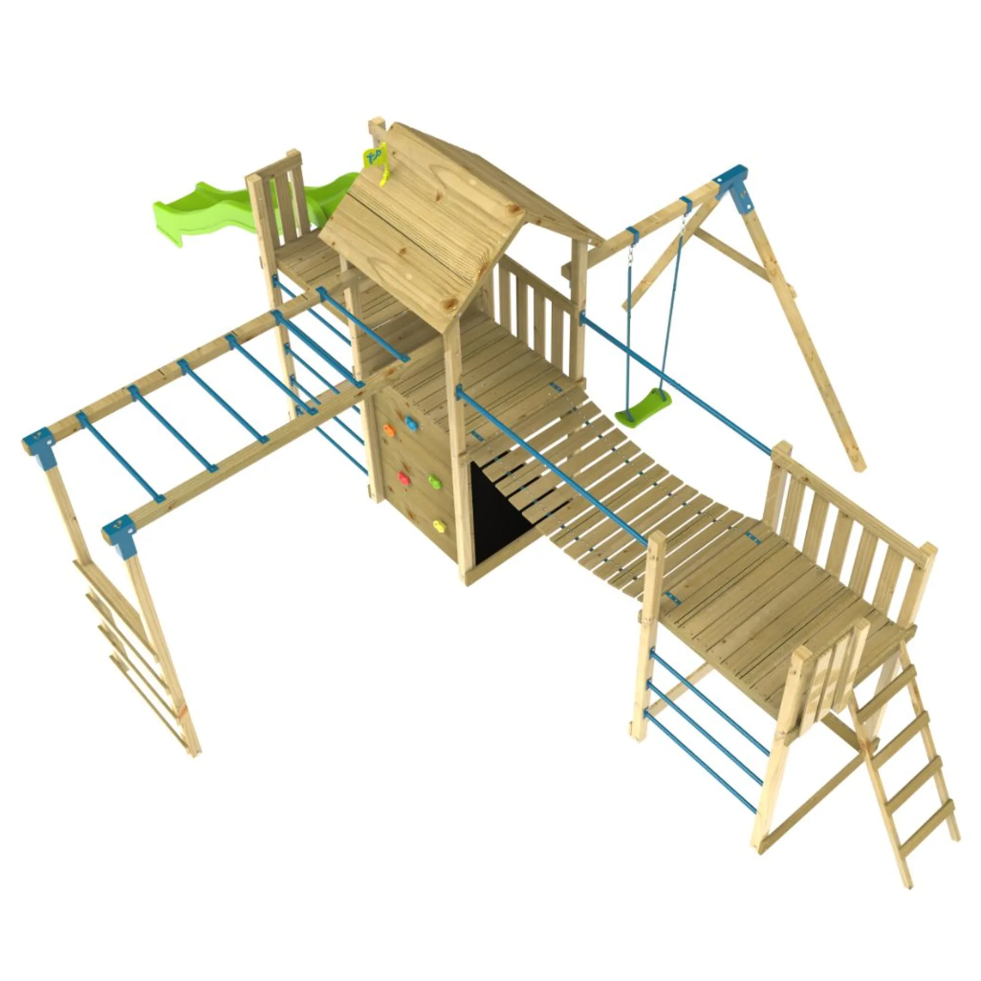 TP Skywood Wooden Tower Climbing Frame with Super Wavy Slide, Sky Deck, Monkey Bars, Single Swing Arm & extra play tower - FSC® certified