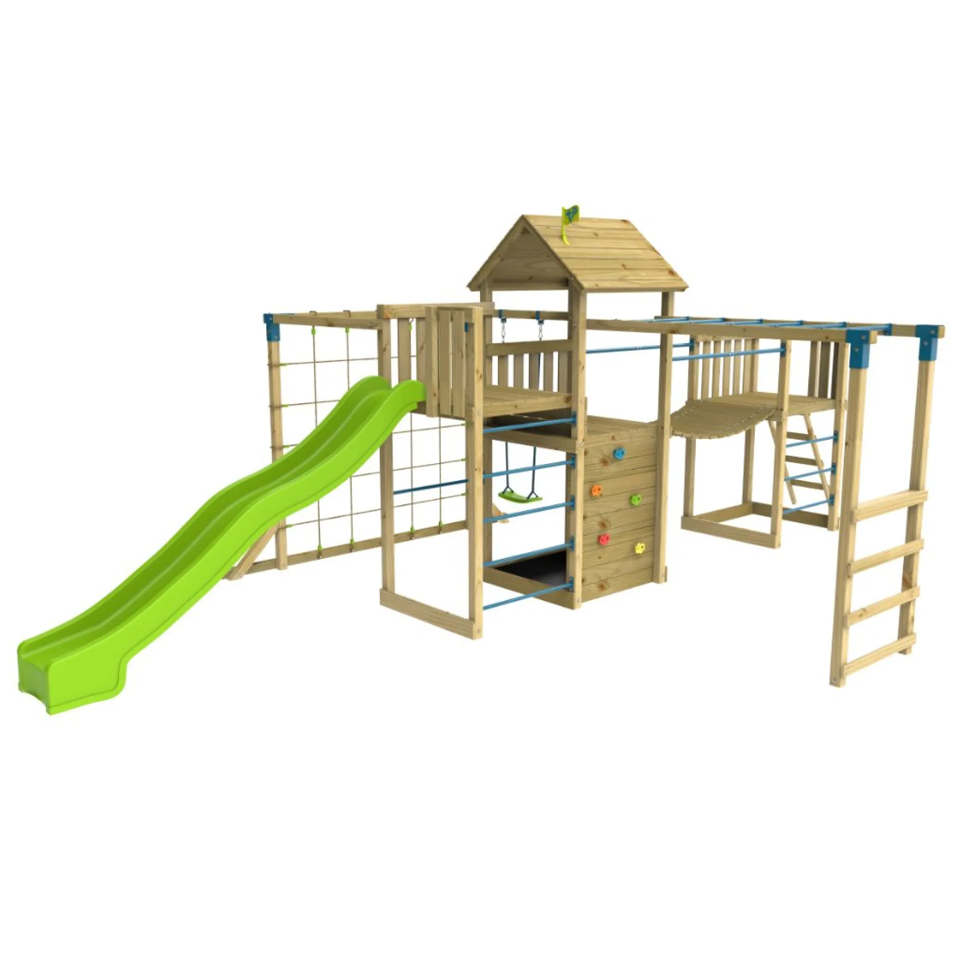 TP Skywood Wooden Tower Climbing Frame with Super Wavy Slide, Sky Deck, Monkey Bars, Skywalk Bridge, Skyline with Swing Seat & extra play tower - FSC® certified