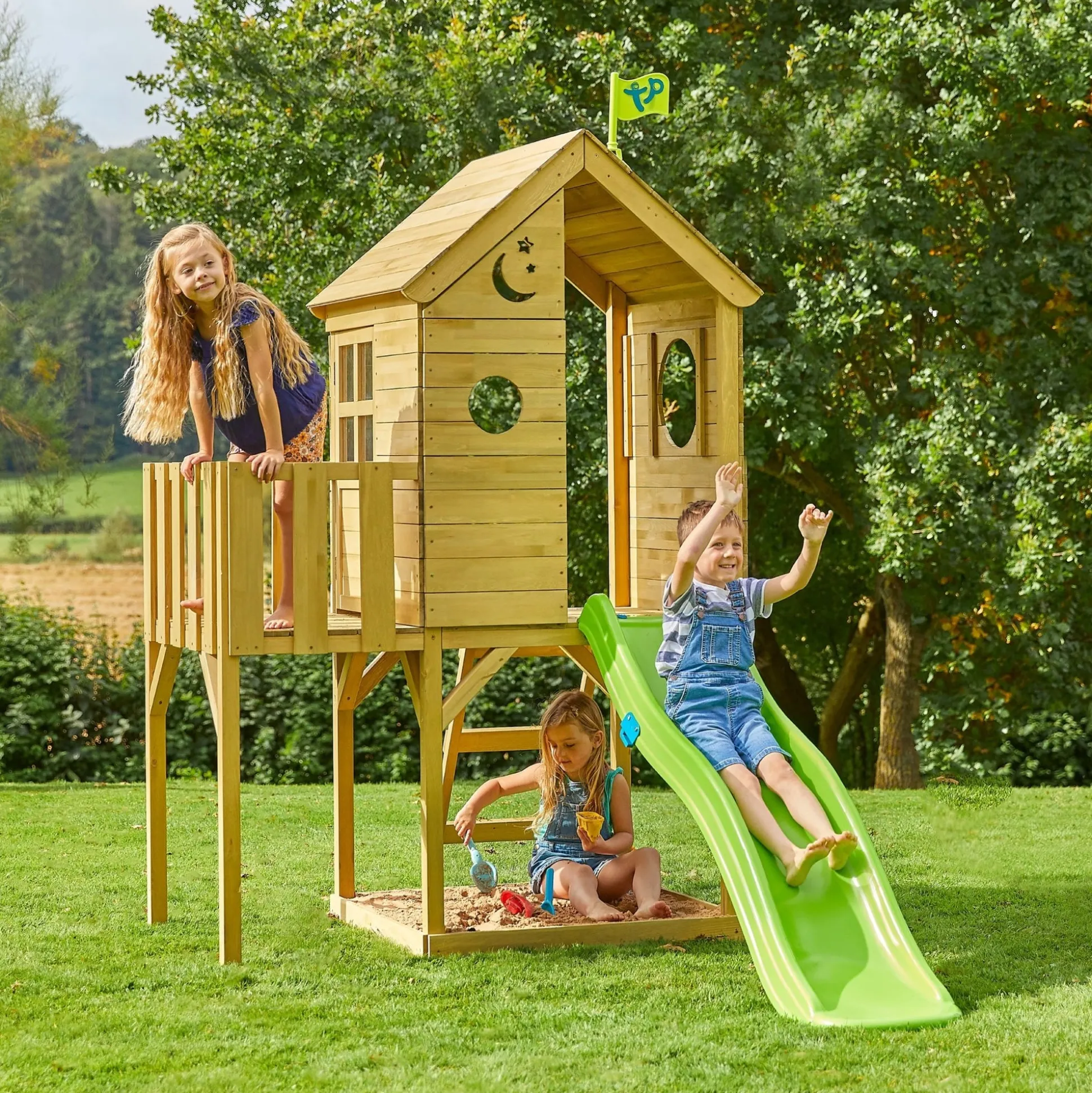 Treehouse Wooden Play Tower, with Wavy Slide, Wooden Balcony & Panel Kit - FSC® certified