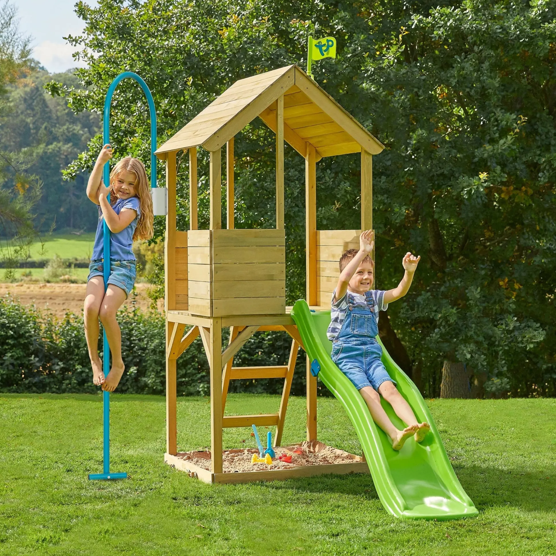 Treehouse Wooden Play Tower, with Wavy Slide & Firemans Pole - FSC® certified